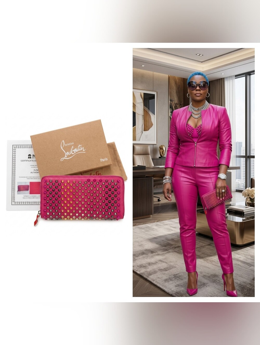 Christian Louboutin Panettone Fuchsia Pink Spike Wallet COA